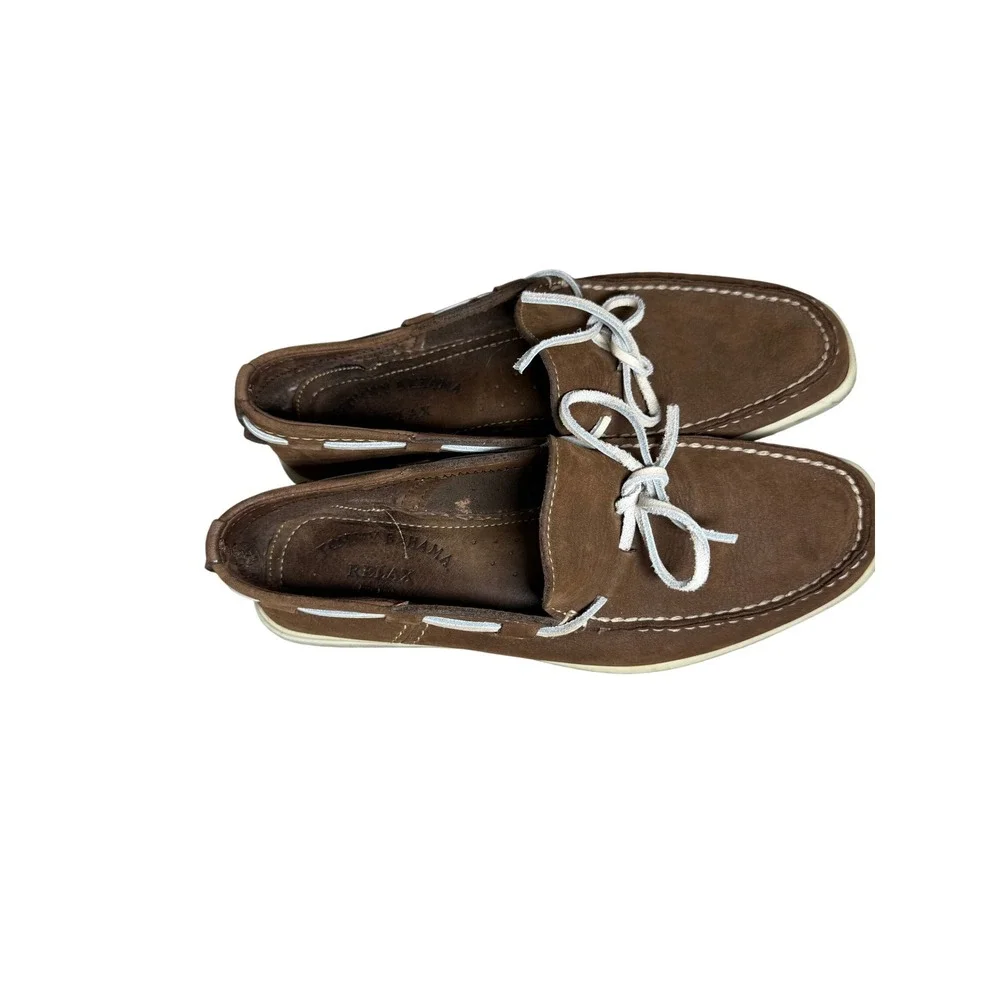 Tommy Bahama Mens Brown Leather Boat Shoes Nautical Laced Loafers Slip On Brown